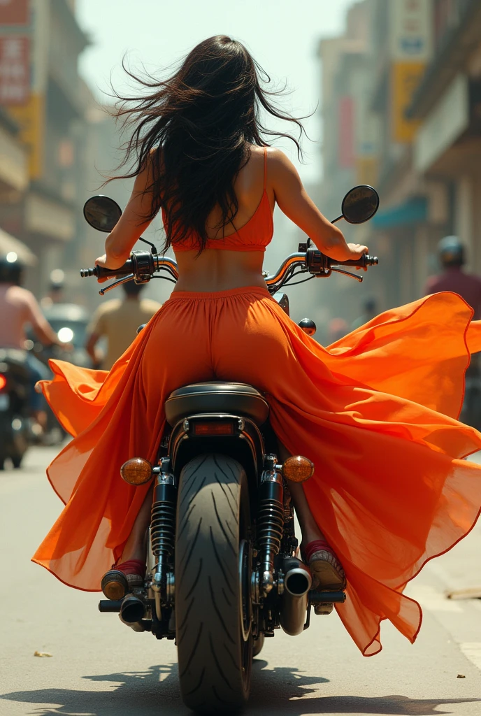 Indian girl,, sitting on behind the men on motorcycle, forward lean position, frock rise upon the wind and picturing her big butt and ass round, big thigh,