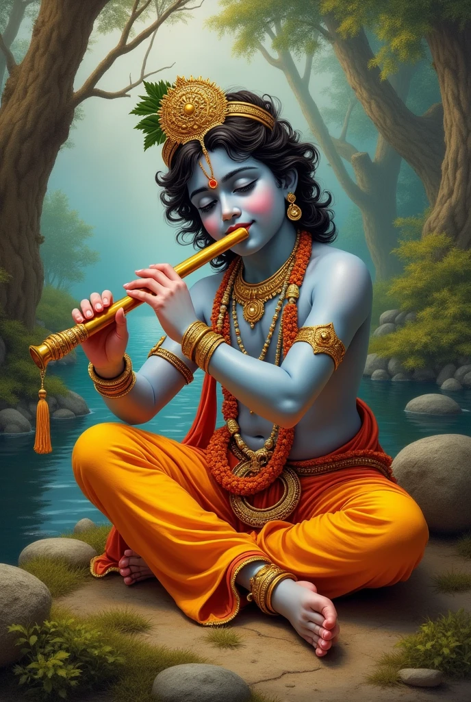 sitting Krishna god with fluit 