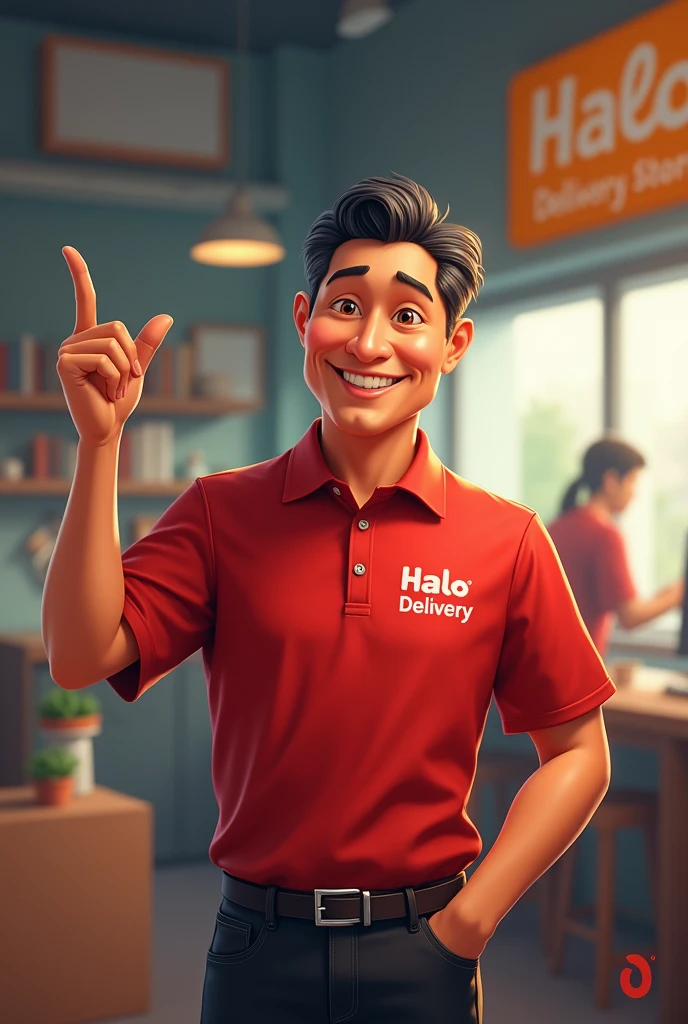 A MALAY MAN WEARING A RED SHIRT WRITING HALO DELIVERY WHILE HIS RIGHT HAND POINTS UP WHILE SPEAKING.