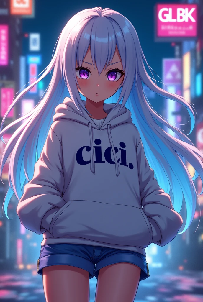 Create a character anime, {background: capital text: “GLBK” in right-top, night city}, tanned skin,
realistic, HDR, beautiful, japan style, full body, use magic, age 20, hoodie HD text: “Cici”, female, gradient hair white & blue, long hair, big boobs