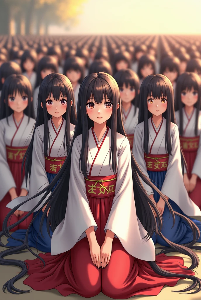 2000 long haired Asian girls wearing realistic hiragana and kneeling and smiling for a group photo
