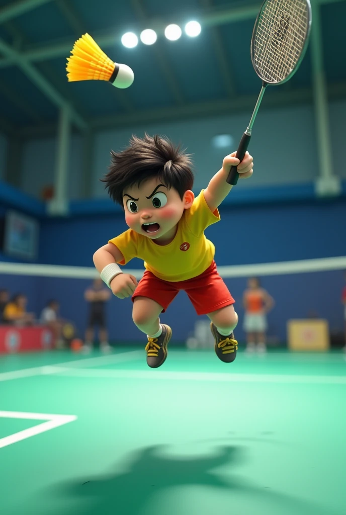 Take a photo with badminton court and paste my picture i am a faty boy and show a perfect jump smash