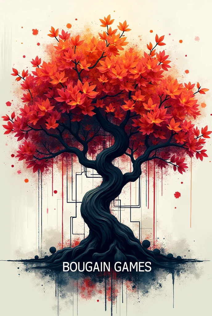 create a company logo. place a Bougainvillea tree with a trunk and branches made of electrical circuits. The painting has an abstract style, with scribbles made in oil paint. Underneath the image write "Bougain Games" in a modern font