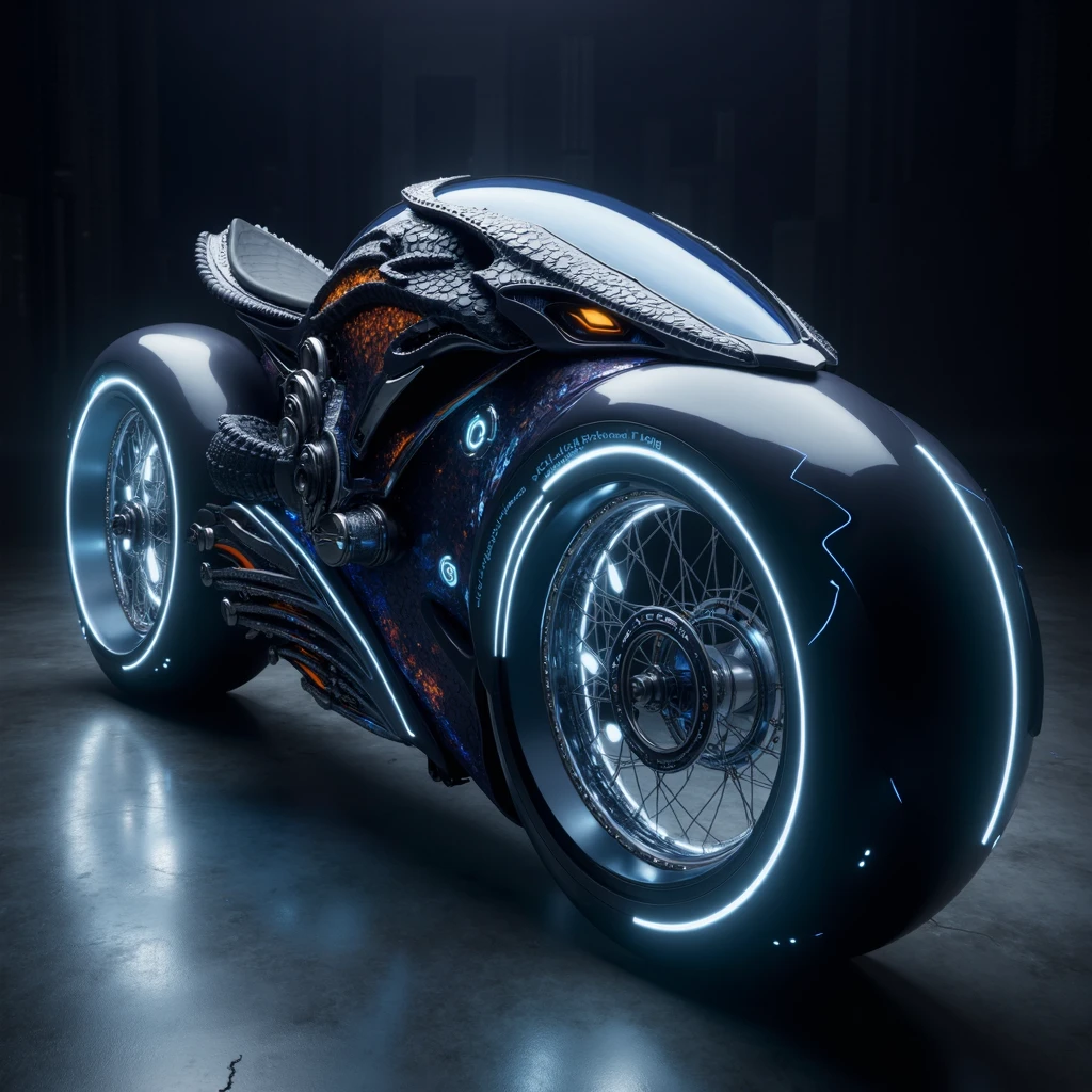 a cyberpunk dragon-like creature, intricate mechanical details, glowing blue and purple lights, futuristic motorcycle, metallic textures, cinematic lighting, moody atmosphere, (best quality,4k,8k,highres,masterpiece:1.2),ultra-detailed,(realistic,photorealistic,photo-realistic:1.37),highly detailed, cinematic, dramatic lighting, intricate machinery, glowing cybernetic enhancements, moody color palette, science fiction