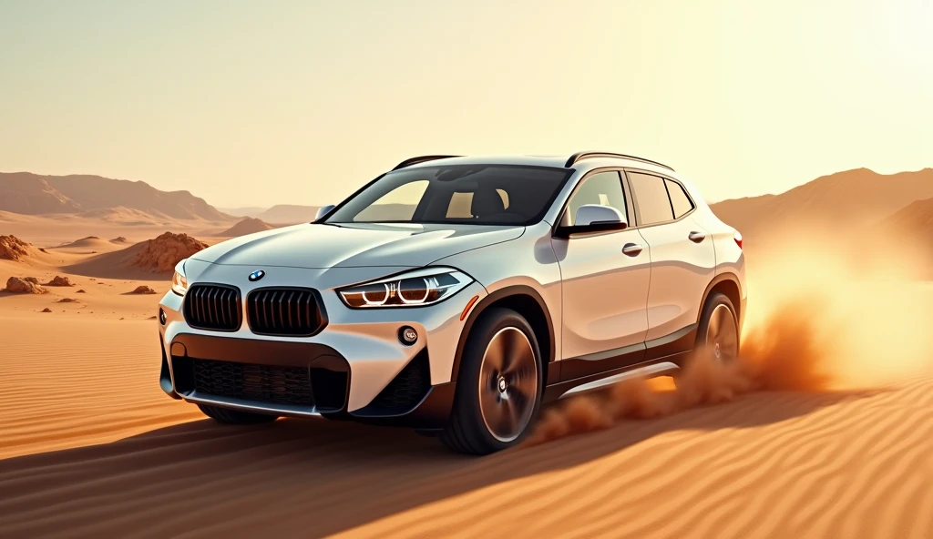 Give me a competative image of ( BMW X2 ) ( white ) front view in desert