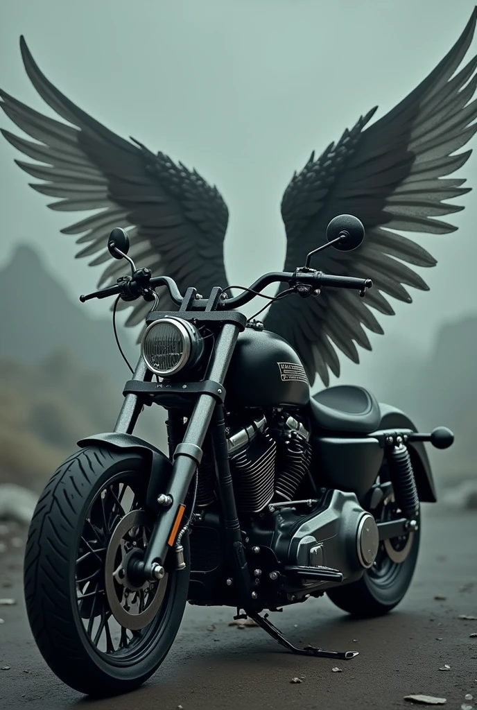 Harley motorcycle with angel wings and a black mourning bow