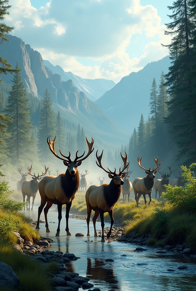 ((masterpiece)), best quality, (8K, best quality, masterpiece: 1.2), Extremely detailed, A herd of elk walks along a river in a valley.