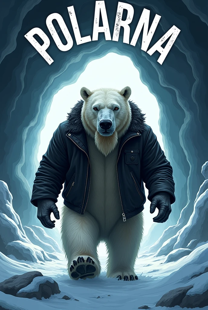 2D Logo tattooed Polar Bear with a beard wearing a black leather jacket walking into an ice cave and above the cave is written Polarna Jama in a half circle 