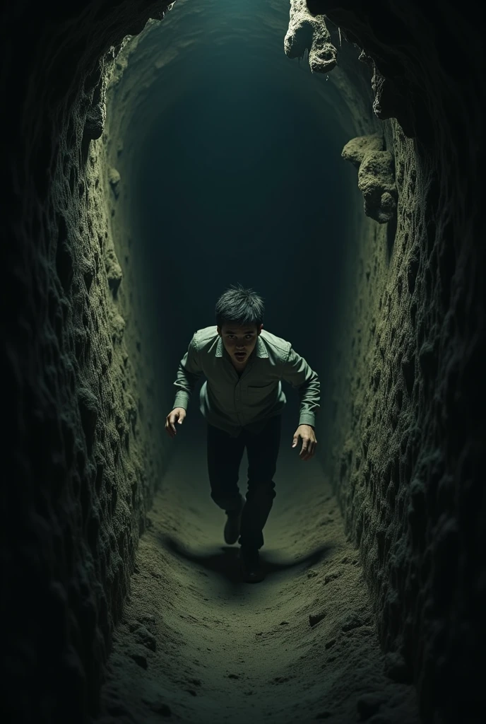 Max descend une trappe au sol et entre dans un tunnel étroit. La lumière est faible, et le tunnel semble interminable, avec des parois sombres et terreuses. Max court avec une expression de panique.