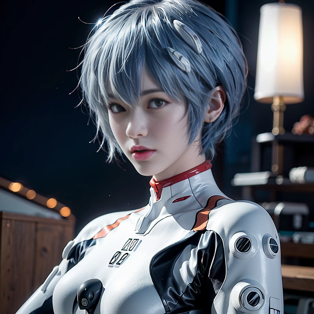 (8k, RAW photo, highest quality, refined details, Masterpiece: 1.2), (high resolution 8k wallpaper), sharp focus, professional lighting, depth of field, cinematic lighting, background blur, Evangelion Rei Ayanami. She is a Japanese woman with blue hair, red eyes, and a white plug suit. Her futuristic background and realistic style with a cool look are her hallmarks. Quiet atmosphere like science fiction