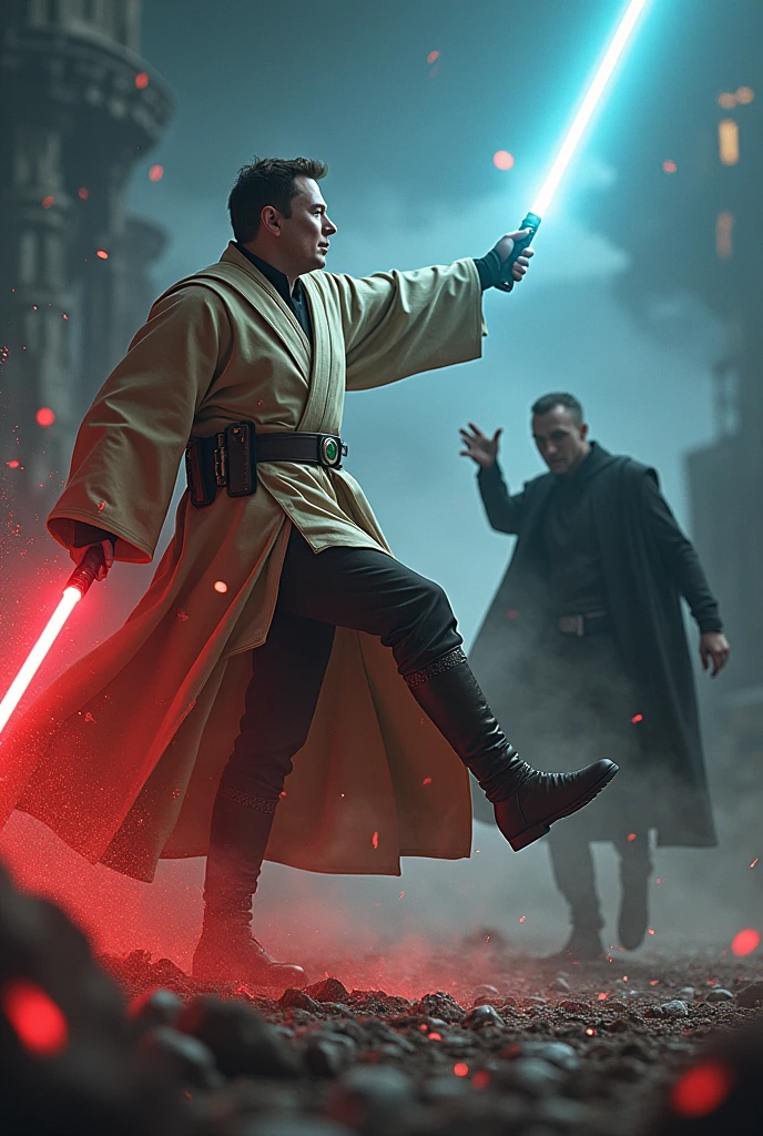 Image of Elon Musk wearing a Star Wars obi outfit with a Brazilian patch kicking VoldemorT away in a battle; insert Voldemort flying away