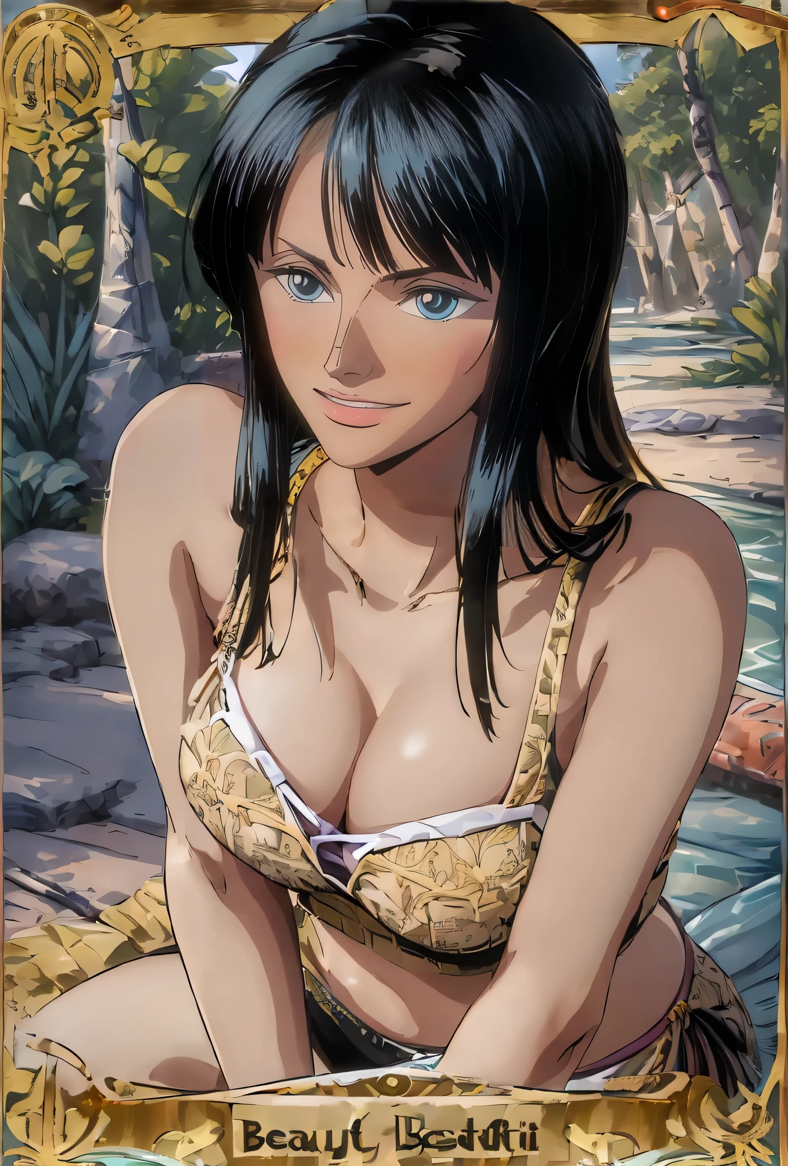 (((((Beautiful trading cards,gold framed)))))、Ultra-realistic 8K CG, First Job, ((Ultra-detailed backgrounds, Delicate pattern, Intricate details)), (Very detailed, The finer details), Better Quality, (Realistic: 1.4), Beautiful lighting, absurdes, RAW Photos, Film Grain, ((Huge-breasted,  slim)), Nico robin V2, One girl, Black  long straighthair, alone, Long Hair, jewelry, ((Huge-breasted,  slim, greencolor bikini, sexly, Lewd, big eyes, View your viewers、smile,  Cleavage,  clavicle, (Intricate detailed background, outer, Beach Environment, Sunny, nature), ((Portraiture, close)), (breast squeeze:1.3)
