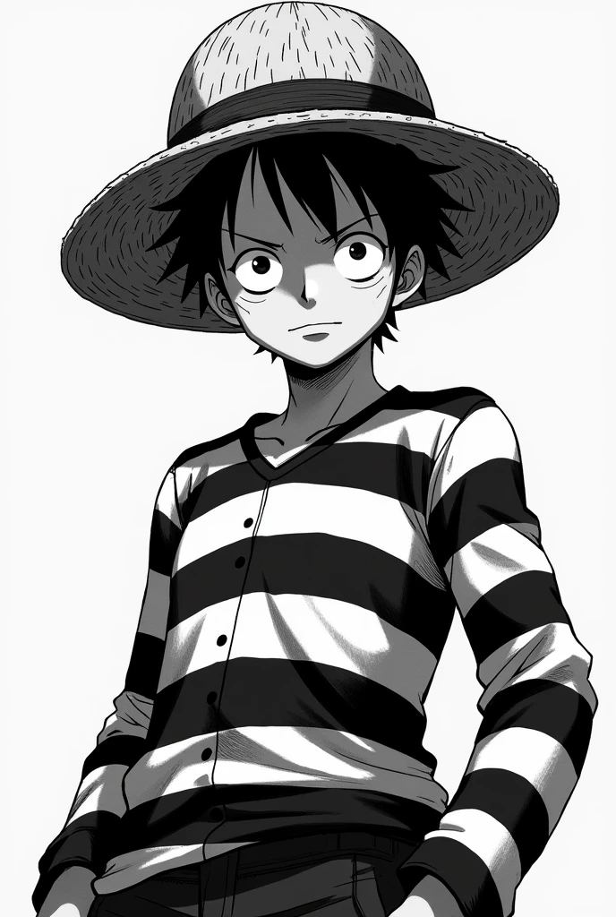 Monkey D. Luffy in black and white striped long sleeve prison uniform