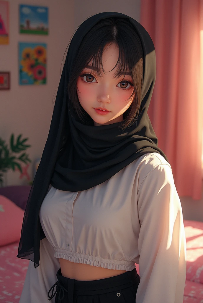A 1 asian girl with striking beauty, wearing a black hijab and a white crop top paired with a black mini skirt. She is taking a close-up selfie in her room, with her face almost touching the screen. The close proximity highlights her youthful features and the subtle details of her outfit. Her room has a cozy and personalized touch, adding to the vibrant and lively atmosphere of the illustration.