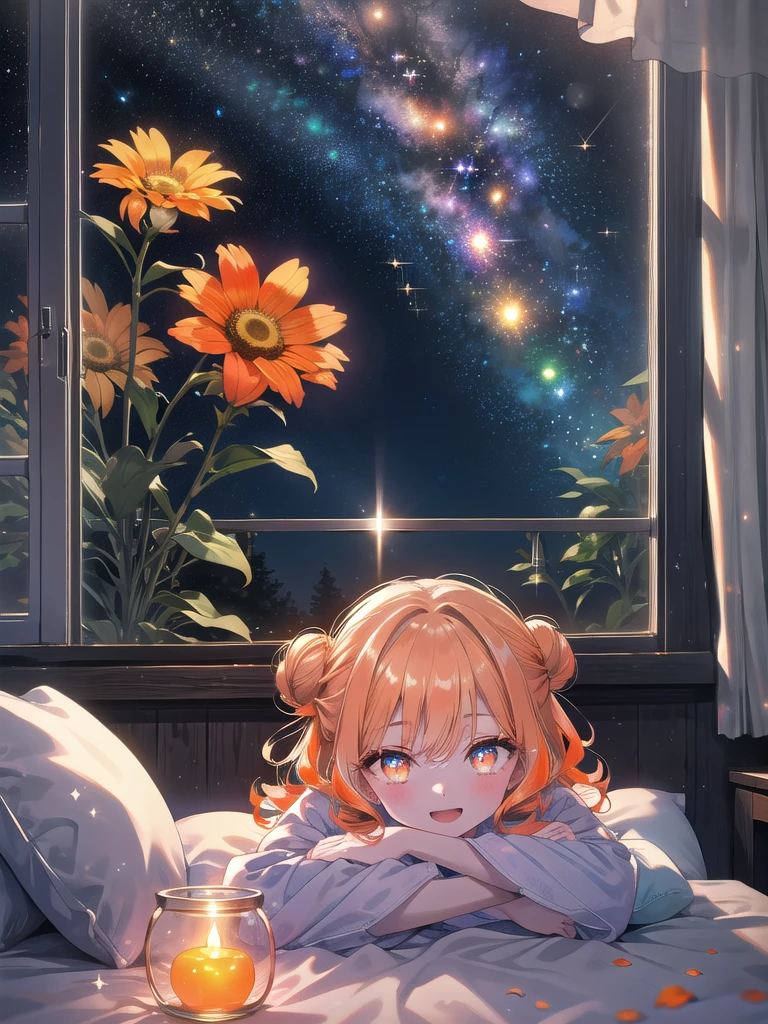 ((8k, highest quality, masterpiece: 1.3)), ultra high resolution, (1 girl, alone), (color changing eyes, super detailed, expressive glow, sparkling, glowing eyes), highly detailed eyes, highly detailed face, messy bun, (long curly hair: 1.2), droopy eyes, ((hair color, deep orange)), flower in bun, (ecstatic expression: 1.2) pale skin, loose loungewear, relaxed posture, (bedside at home, dim: 1.1), starry sky outside the window, random angles