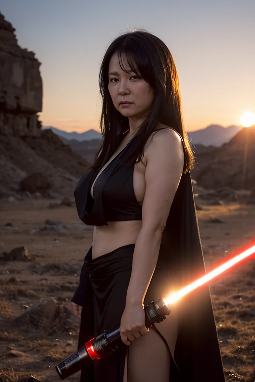 Medium shot. Chubby and evil Keiko Fujimori 60 years old standing in a desolate Star Wars landscape, wearing a black and red Sith costume with short skirts. She is holding her lit red lightsaber in both hands and stand in a combat stance. The soft, warm light of the twin suns casts a glow on her face, contrasting with the dark veil of the surroundings. A subtle lens flare. A sharp focus on her face, amidst the faded and tattered robes. Warm, golden sunset background, warm golden tone, post-processed, live action, a masterpiece.Senos grandes, Orejas puntiagudas largas, Ceños fruncidos,