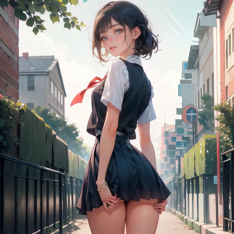 (8k, RAW Photos, 最high quality, masterpiece:1.2), High quality RAW color photos, Professional photo shoot, Cinematic Light, night、Late night、alone, (((young woman, gal))), (Sharp features), (Small face), (Skin with attention to detail:1.2), clavicle, Cute Face, Beautiful appearance, Long eyelashes,Girl Turning Around, smile, (Black Hair, Long straight line), high school student, Red tie, High School Uniform:1.2, Navy large oversized knit vest, bracelet, Rolled up sleeves, oversized white shirt, Micro Mini Skirt, night Park, Birds chirping, Embarrassing, sad, Artistic painting,Attractive thighs, loafers、(Very nice touch:1.2), (Watery eye), Sad atmosphere, Oil painting style, Dark colors, (Are standing:1.5, lean on a tree, )(((Focus on the butt))), Smooth texture, Gazing Eyes, Beautiful Skin, Glowing Skin, ((Perfect Fingers, Five Fingers, Anatomically correct)), Background Blur, high quality, surreal, ((Very detailed, photo shoot)),,View from below、blush、(Many passersby)、Embarrassing、Full Body Shot、((backstyle))、((Grab the skirt))、Accentuate your butt、Turn around、look back、Embarrassed、blush、Healthy Thighs、((Accentuate your butt))、Butt upshot、BIG ASS