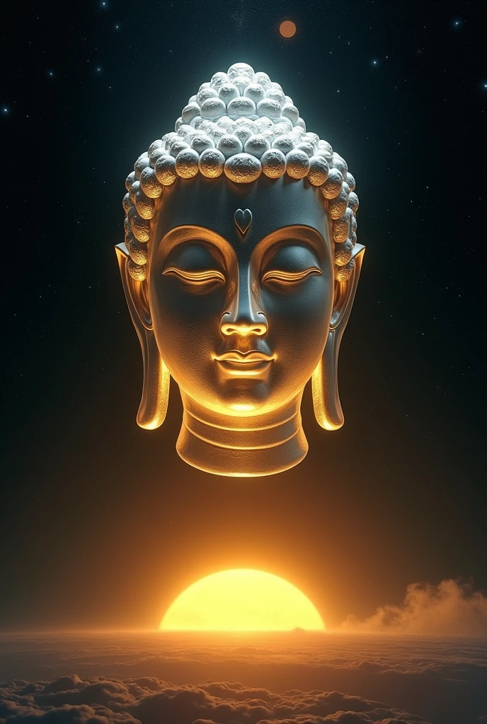Giant transparent Buddha head staring at yellow earth in space,Glow effect,OC Rendering