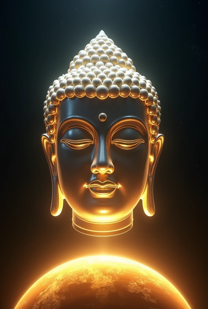 Giant transparent Buddha head staring at yellow earth in space，Glow effect，OC Rendering