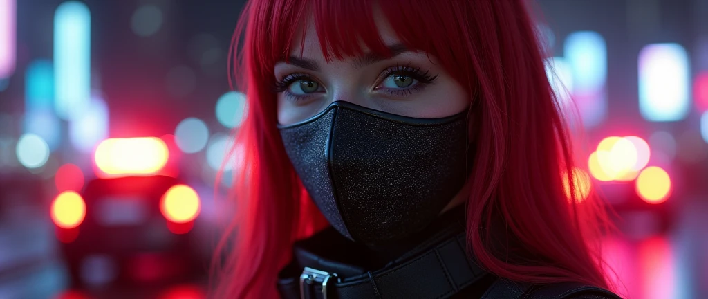((Very beautiful girl)), 8k, Young beautiful girl, ((dark red hair)), red long hair, with bangs, complex makeup, big breasts, ((perfect breasts)), ((medical mask on mouth)), black medical leather mask, ((big expressive black eyes)), big eyes, ideally beautiful girl, jewelry, glitter, ((perfect hands)) beautiful perfect figure, glowing belt, ((in cyber suit)), Background: neon, night, Washington, city, police car lots of details, first person, neon lighting, contour neon lighting,