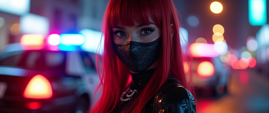 ((Very beautiful girl)), 8k, Young beautiful girl, ((dark red hair)), red long hair, with bangs, complex makeup, big breasts, ((perfect breasts)), ((medical mask on mouth)), black medical leather mask, ((big expressive black eyes)), big eyes, ideally beautiful girl, jewelry, glitter, ((perfect hands)) beautiful perfect figure, glowing belt, ((in cyber suit)), Background: neon, night, Washington, city, police car lots of details, first person, neon lighting, contour neon lighting, ((sitting on road)),