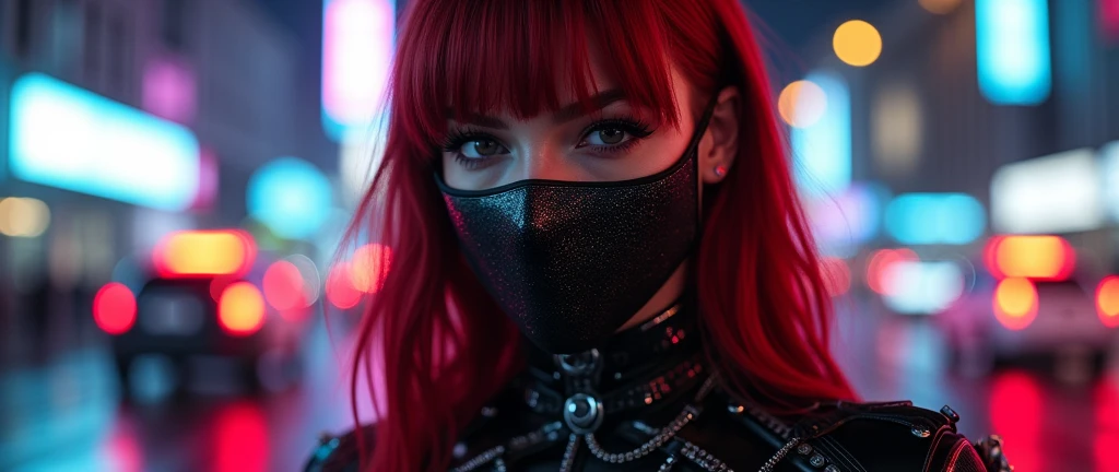 ((Very beautiful girl)), 8k, Young beautiful girl, ((dark red hair)), red long hair, with bangs, complex makeup, big breasts, ((perfect breasts)), ((medical mask on mouth)), black medical leather mask, ((big expressive black eyes)), big eyes, ideally beautiful girl, jewelry, glitter, ((perfect hands)) beautiful perfect figure, glowing belt, ((in cyber suit)), Background: neon, night, Washington, city, police car lots of details, first person, neon lighting, contour neon lighting,