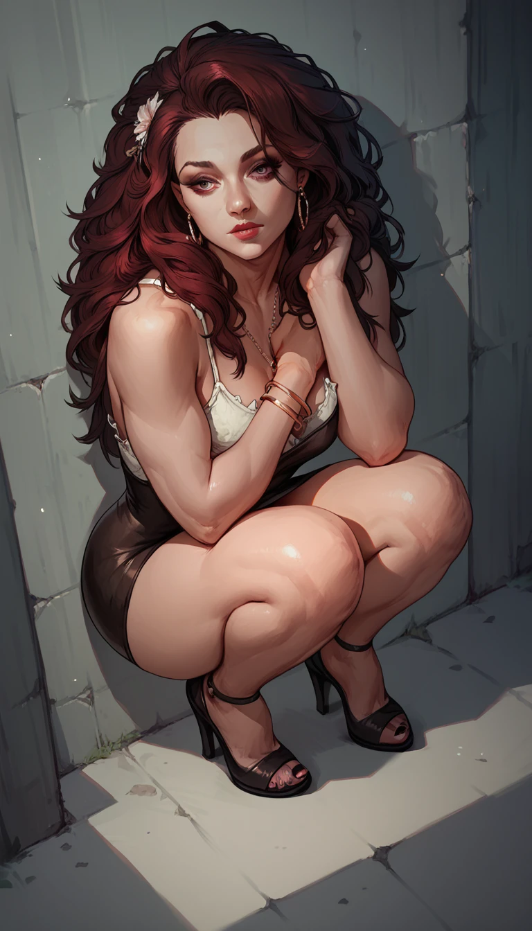 Hairy lion, female, squatting down,minidress,high-heels,downward gaze, olhar lecherous, 1 female,Near angle