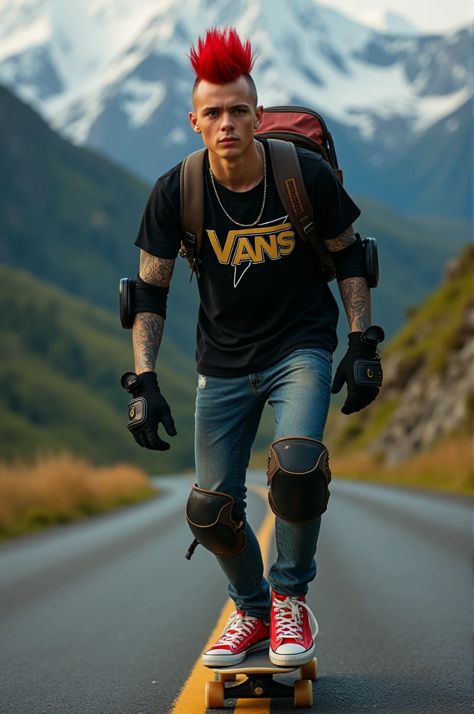 a young Punk skateboarding with red mohawk and upturned jacket covered in tattoos on his arms, confidently riding a skateboard down a winding mountain road ferry fasted, framed by the night golden light of the street. He is wearing a black t-shirt with a vintage VAN logo on his chest and a bag on his back, and denims jeans and use red converse shoes. The man look at the camera, his hands protected by black gloves, adding a personal touch to the thrilling scene. He also wears knee and elbow pads, ensuring safety as he navigates the turns with ease. The background is midnight lanscape features rolling green hills and snow-capped mountains in the distance, creating a stunning contrast to the rider’s dynamic movements, amplifying the excitement. In the distance. The image exudes the thrill of downhill skateboarding, the beauty of the natural scenery, and the fearless energy of the rider, with an Instagram-worthy night atmosphere.