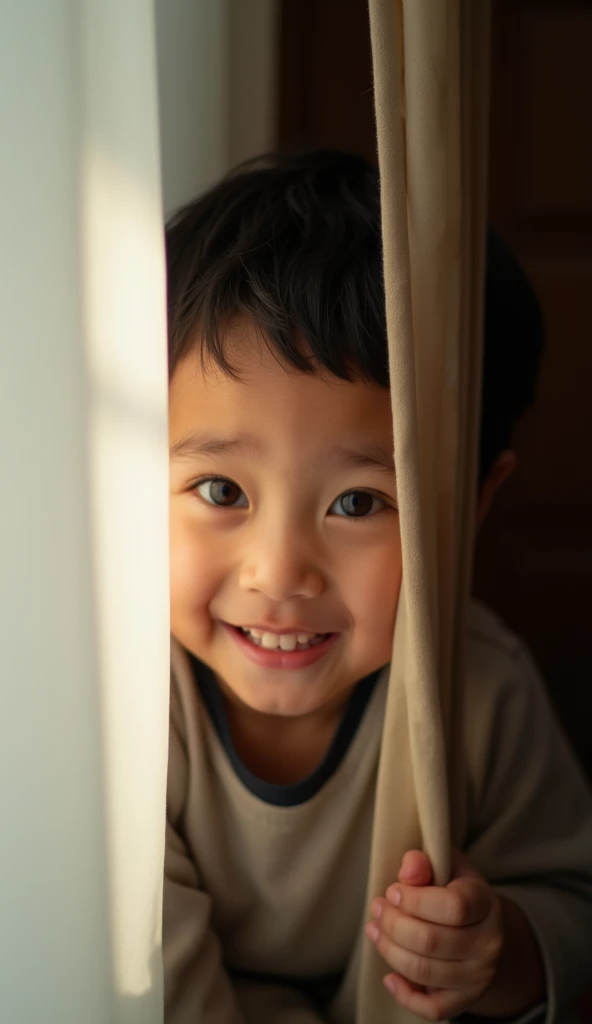 Create UHD photorealistic realistic photo, no animation, no 3D image, no Pixar style animation, no extra fingers. 28-month-old French-Vietnamese boy with mischievous grin, peeking from behind curtain. Nikon Z9, 70-200mm f/2.8 lens. Dramatic side lighting. Candid family moment style.