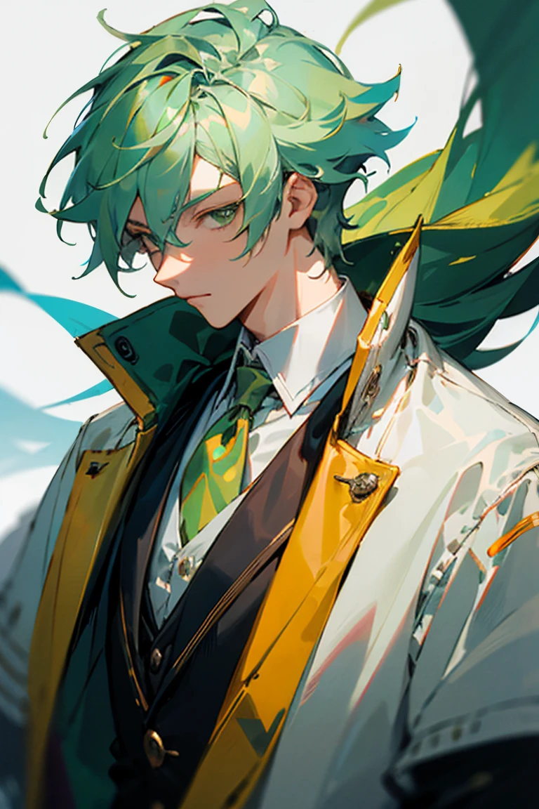 ((best quality)), ((masterpiece)), (detailed), Male, light green hair, neck lenght hair, wearing transparent coat, wearing gloves, green eyes