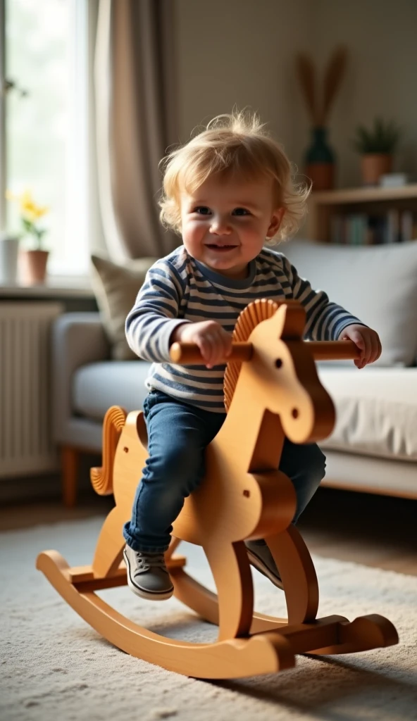 Create UHD photorealistic realistic photo, no animation, no 3D image, no Pixar style animation, no extra fingers. 20-month-old French boy riding wooden rocking horse in living room. Sony A1, 24mm f/1.4 wide-angle lens. Motion blur for movement. Action-packed family photo style.
