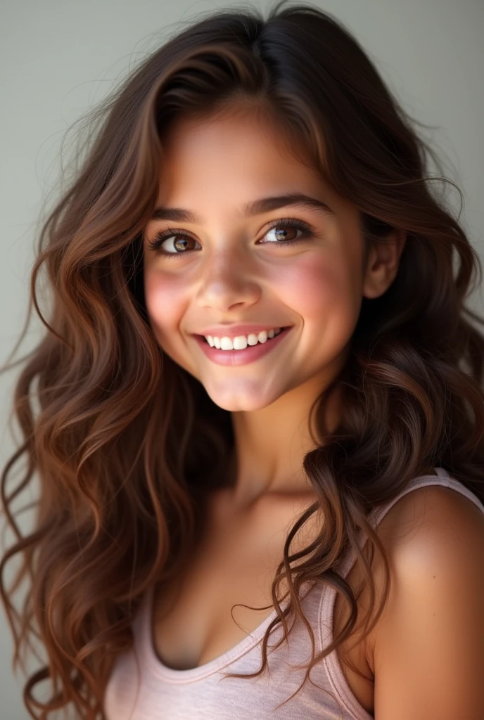 Short chubby latina teen girl with brown eyes and long curly brown hair 