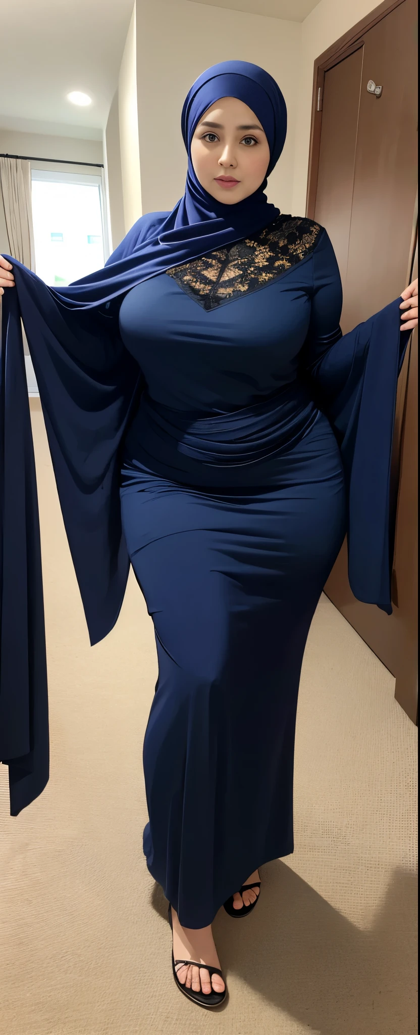 Chubby woman with fat belly and tight thighs, full body, 50-year-old mature woman, thick hips, thick neck, thick chest, big eyes, wearing a longest dress, wearing a hijab, hijabi woman