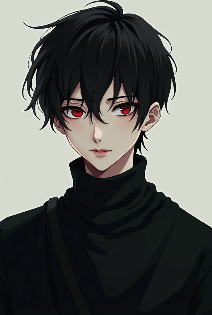 a boy wearing a black sweatshirt he was tall and thin with slightly thin arms and broad shoulders, the boy had black hair that was a little long and messy, with slightly pale fair skin, your cold, red eyes, They had slight dark circles around their eyes from lack of sleep, with a face that would be described as beautiful by anyone's beauty standards..