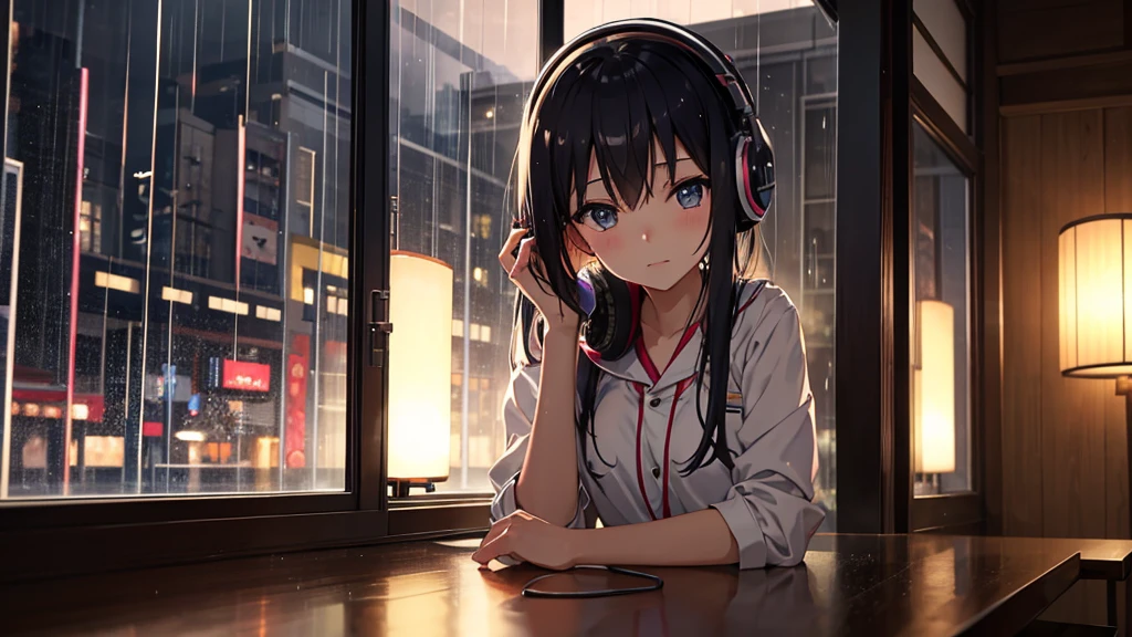 Draw a Japanese girl in anime style, sitting in a café with headphones on. Rain falls outside the window, creating a cozy atmosphere. She has a gentle expression, with soft lighting