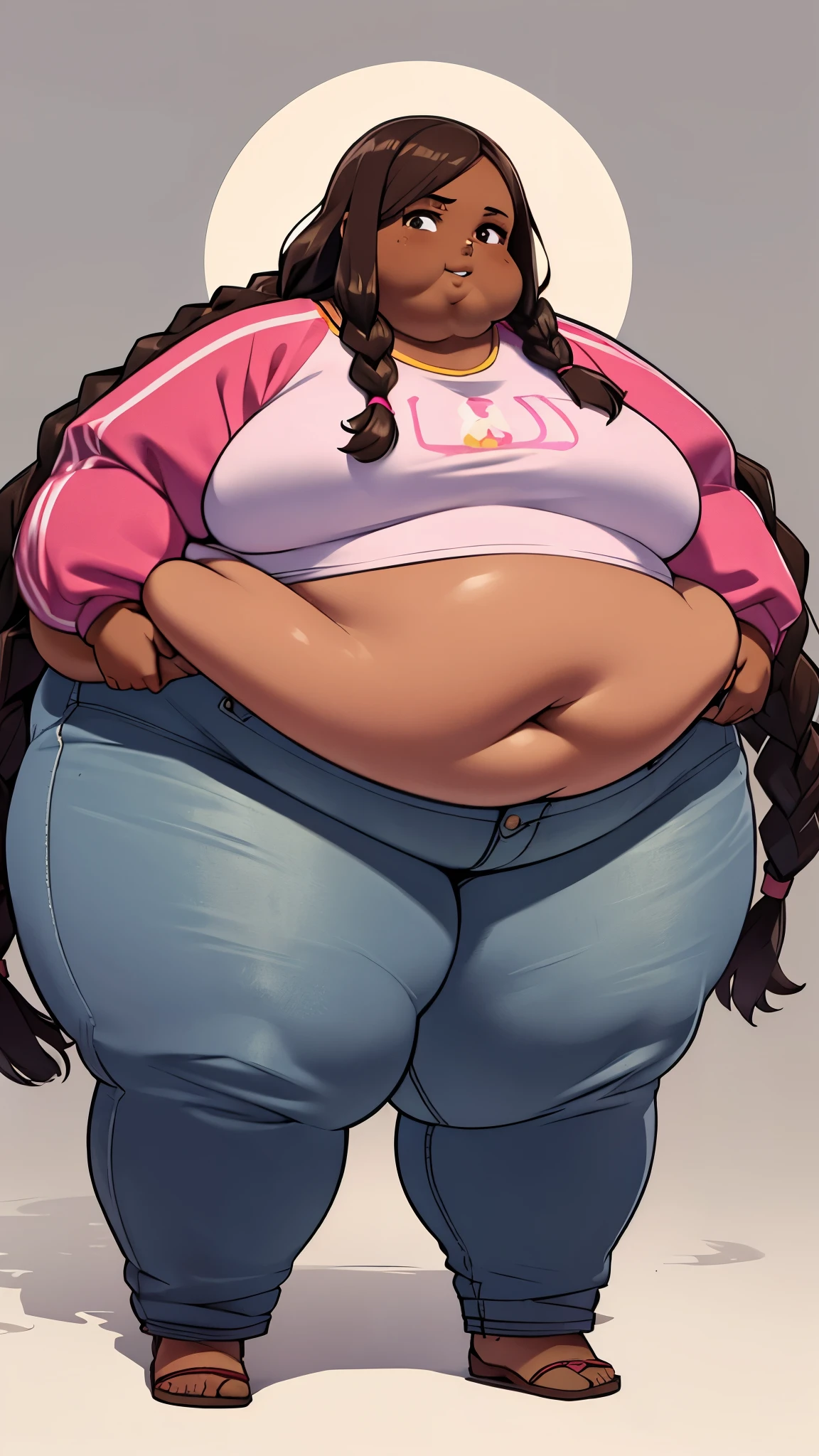 Extremely obese African-American woman, ((very long brown braided hair)), belly hanging, (extremely obese), belly sagging, wearing a pink crop top with long sleeves and loose jeans, (((dark brown skin))), fat blob, fat arms, fat face, fat limbs