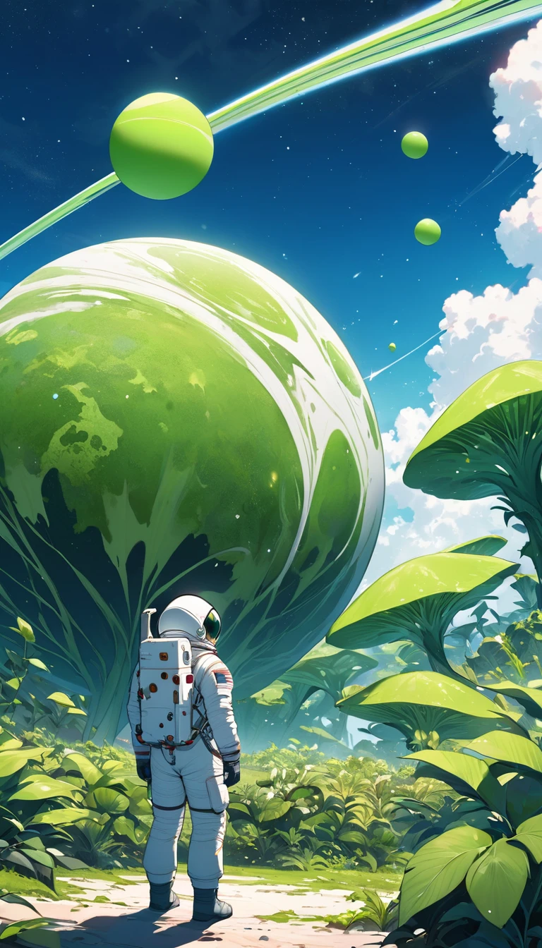 Astronaut from behind observing an unknown planet with giant green flora with blue skies and green soil