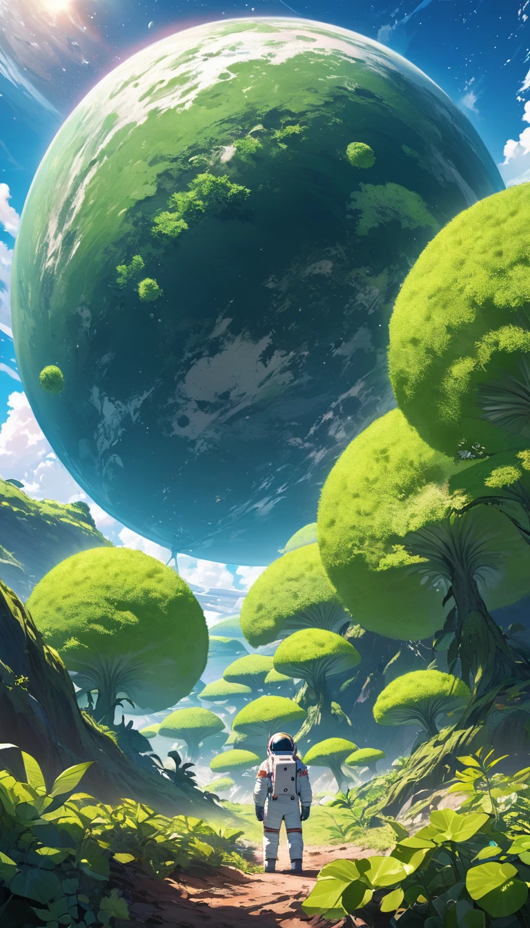 Astronaut from behind observing an unknown planet with giant green flora with blue skies and green soil