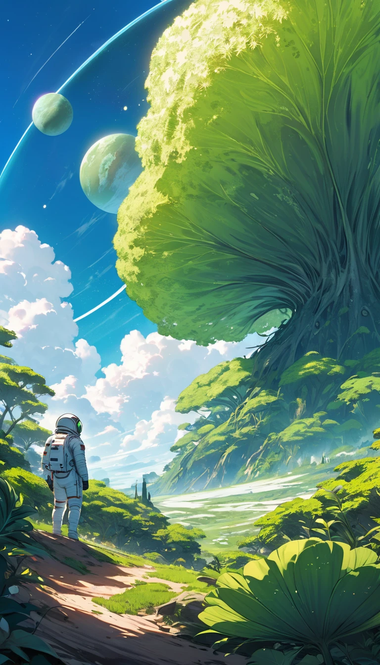 Astronaut from behind observing an unknown planet with giant green flora with blue skies and green soil