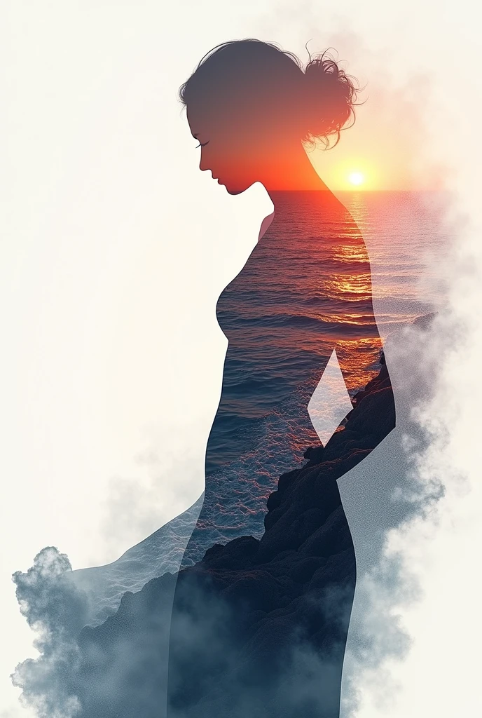 high quality, 8K Ultra HD, A beautiful double exposure that combines an goddess silhouette with sunset coast, sunset coast should serve as the underlying backdrop, with its details incorporated into the goddess , crisp lines, The background is monochrome, sharp focus, double exposure, by yukisakura, awesome full color,