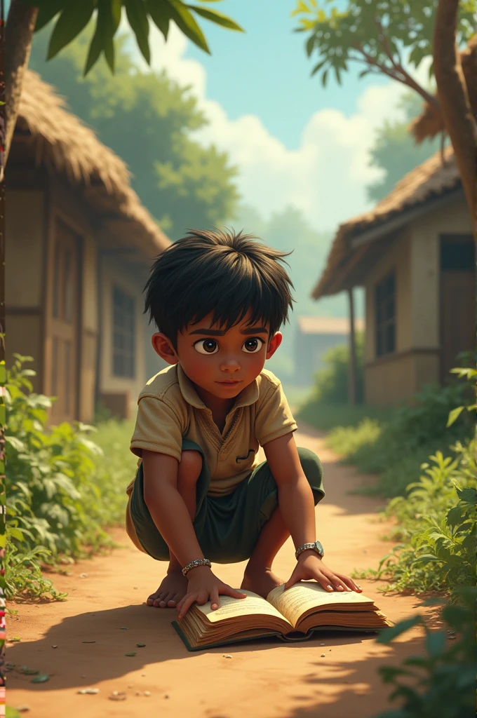 Ramu Finding the Book: An image of Ramu discovering an old book lying on a village path.
