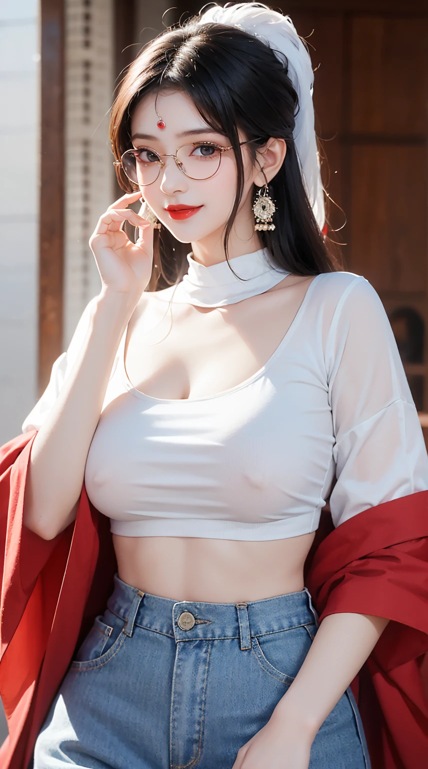 1girl, cute face,pretty face, jaw dropping beauty, cute smile, indian girl, cute indian girl, bindi, ((beautiful bindi)),((red lipstick )), ((beautiful shiny accessories)), accessories, pony tail, white t-shirt black pant, ((cute glasses)), ((ultra high detailed 1.9)),((ultra high resolution 1.9)),((ultra high quality 1.9)),(masterpiece)), (perfect lightings), (very Big breasts 1.9)), ultra huge breast , showing her sexy figure