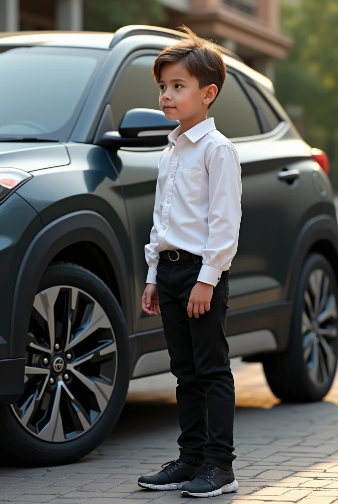 A boy in black pant and white shirt  side black hundai creta 