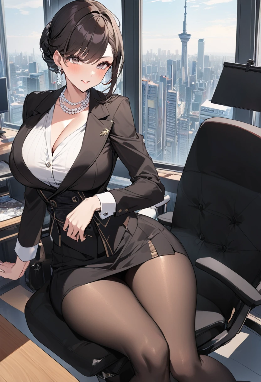 "Devious Curvaceous Japanese dominant very aged and old office lady confront me with curiosity and holy gaze to seduce and hypnotize and play with me like a sadistic dominatrix sugar mommy therapist seated on the office armchair with full authority and unmatched beauty to be bent to her will, 3, height 163cm, business chic with hidden curves (92-63-93 cm), ample E-cup breasts concealed under blouse, slender 63cm waist, full 93cm hips, shapely legs, clear fair skin (RGB: 255, 233, 209), oval face with soft features, almond-shaped eyes (dark brown, RGB: 54, 38, 22) with double eyelids, straight nose, full lips with natural pink color (RGB: 222, 165, 1) in a professional smile, long black hair styled in an elegant French twist updo, subtle makeup suitable for office with focus on eyes and neutral lip color, wearing opened formal coat with a crisp white blouse with top buttons open hinting at cleavage and a waist corset, form-fitting dark gray pencil skirt accentuating hips and ending just above knees, black 3-inch devious heel pumps and sheer shiny 20 den pantyhose on luscious sexy legs, delicate pearl necklace and earrings, standing confidently with one hand on hip in a modern office setting with floor-to-ceiling windows, Tokyo skyline view in background, soft natural lighting mixed with office fluorescents, corporate portrait style with a touch of glamour, shot with Sony A1 mirrorless camera, 85mm f/1.4 GM lens, ISO 200, 1/160 sec, 50MP resolution, focus on professional appearance with subtle emphasis on curves --ar 2:3 --q 2 --s 850 --v 6.0 --style raw"