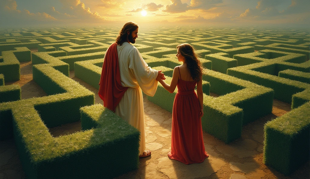 Jesus guiding a person through a maze, representing the complex paths of professional life.