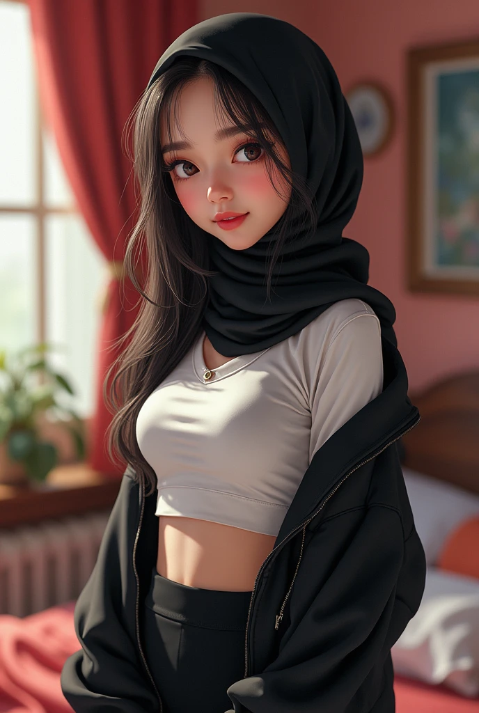 A 1 asian girl with striking beauty, wearing a black hijab and a white crop top paired with a black mini skirt. She is taking a close-up selfie in her room, with her face almost touching the screen. The close proximity highlights her youthful features and the subtle details of her outfit. Her room has a cozy and personalized touch, adding to the vibrant and lively atmosphere of the illustration.