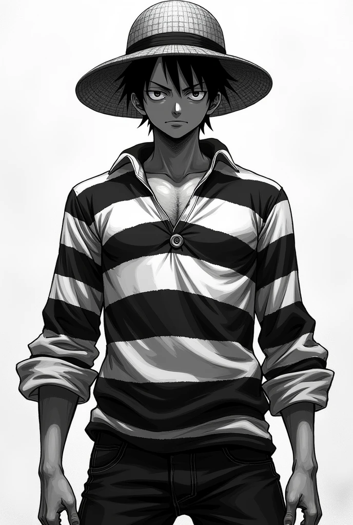 Monkey D. Luffy in black and white striped long sleeve prison uniform