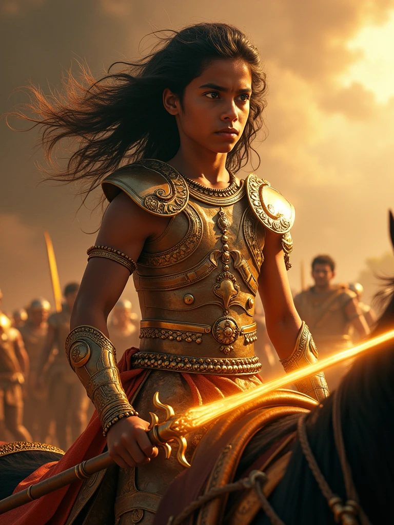 A 12 year-old Mahabharata Karna,wearing his golden armor Kavach-Kundal,hurly Long hair,and holding a glowing trident Narayanastra ready for battle, riding on the chariot, Cinematic, realistic