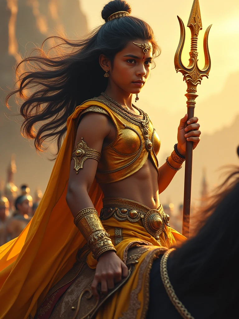 A -old Maharata Karna,wearing his golden armor Kavach-Kundal,hurly Long hair,and holding a glowing trident Narayanastra ready for battle, riding on the chariot, Cinematic, realistic