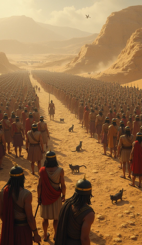 "Aerial view of the battlefield at Pelusium, showing the Persian and Egyptian armies facing off, with the Persian front line dotted with sacred cats. The Egyptian soldiers appear confused and hesitant to engage."